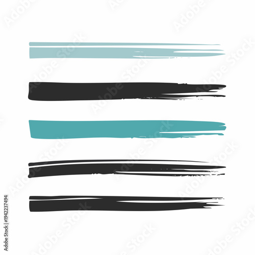 Zestaw pięciu pociągnięć pędzla w kolorach turkusowym i czarnym na białym tle, idealne do podkreślania tekstu.