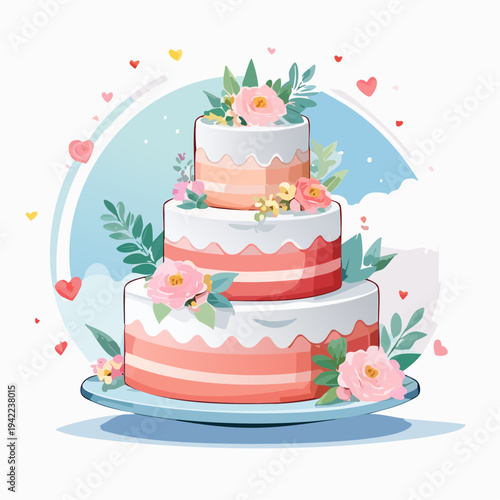 Uroczy, trójpoziomowy tort weselny ozdobiony różowymi kwiatami i liśćmi na przezroczystym tle.