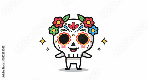 Sugar skull character dancing with flower crown.