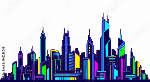 Vibrant Cityscape Silhouette with Modern Skyscrapers in Neon Colors.
