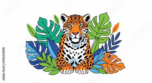 Vibrant illustration of a jaguar sitting among colorful tropical leaves.