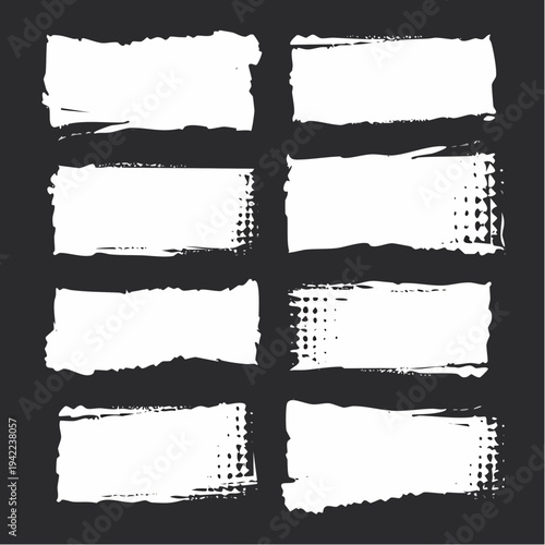 Zestaw ośmiu białych, ręcznie malowanych, postarzanych, prostokątnych ramek i tła z teksturą grunge.