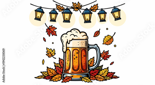Autumn Beer Celebration with Lanterns and Falling Leaves.