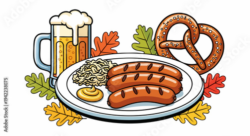 German Oktoberfest food and drink platter with sausages pretzel and beer.