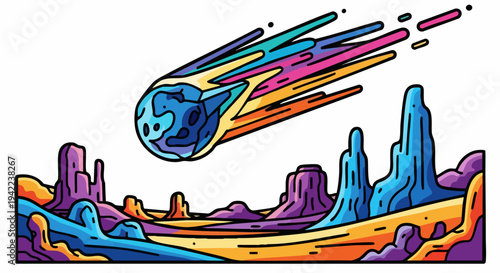 Vibrant cartoon meteor with a long colorful tail.