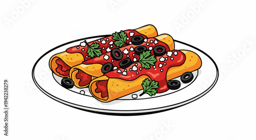 Plate of delicious Mexican enchiladas with red sauce illustration.