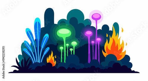 Fantasy Glowing Plants and Fire Illustration, Magical Flora and Flames.