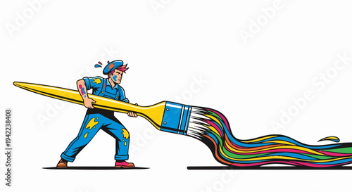Man with a giant paintbrush creating colorful strokes.