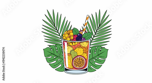 Refreshing Tropical Fruit Cocktail with Palm Leaves.