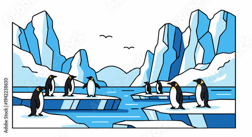 A group of penguins standing on icebergs in the ocean.