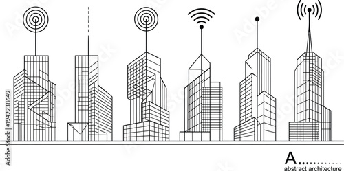 Set of abstract skyscraper wireframe buildings featuring digital signal icons representing 5G connectivity and smart city technology infrastructure.