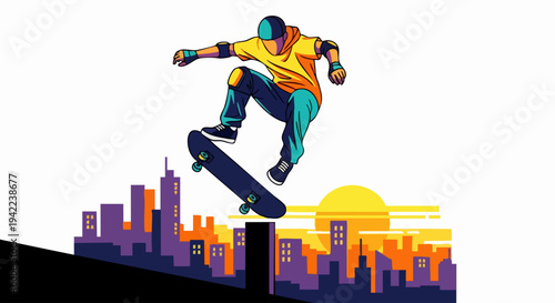 Dynamic Skateboarder Performing Mid Air Trick with Board.