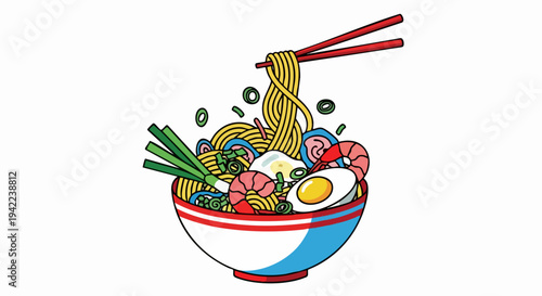 Delicious ramen bowl with noodles and various toppings ready to eat.