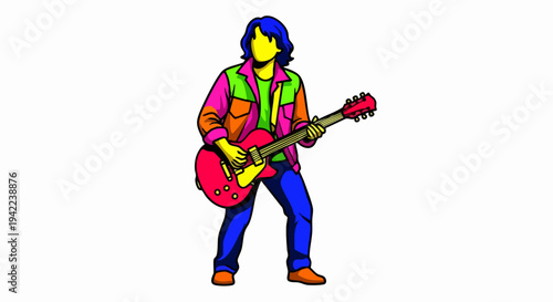 Vibrant pop art illustration of a rock guitarist playing a red electric guitar.