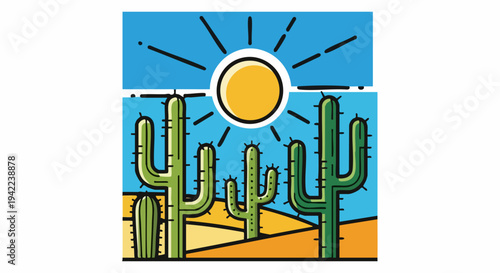Stylized Illustration of a Hot Desert with Saguaro Cacti.