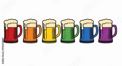 Six colorful beer mugs with foam in a rainbow spectrum.