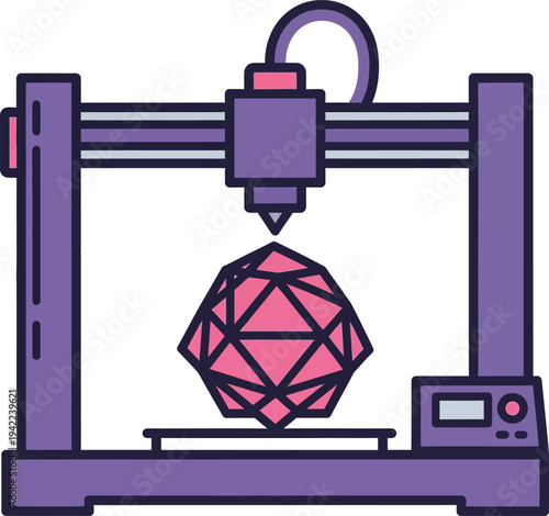 Illustration of 3 D Printer Creating Pink Geometric Shape
