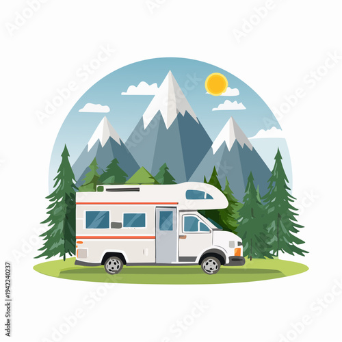 壮大な雪山と緑豊かな針葉樹林が広がる大自然を背景に、青空の下で停車する白いキャンピングカーを描いた、アウトドアレジャーや家族での冒険旅行のイメージに最適な、切り抜きに便利な透明背景のフラットデザインイラストレーション素材です。