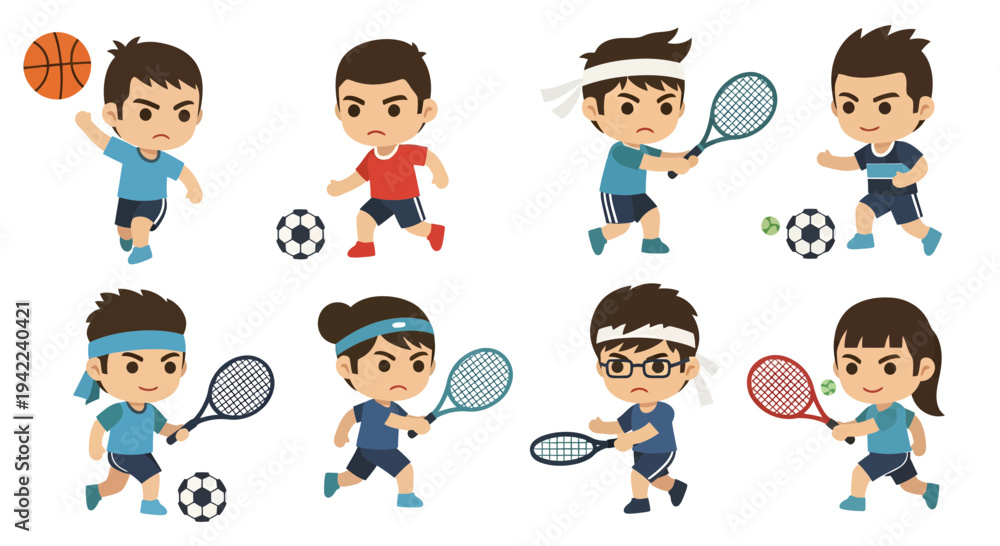Fototapeta premium Sports kids illustration, vector style graphic, playing basketball, soccer, tennis, active lifestyle