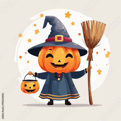 魔女の帽子を被り魔法のほうきとお菓子入れのバケツを持った可愛いカボチャのキャラクターのハロウィンイラストで、オレンジ色のジャックオーランタンが微笑む楽しいデザインは子供向けのイベントやパーティーの装飾に最適な背景透過のベクター素材です。