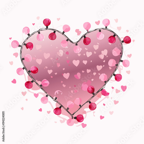ピンク色のハートを囲むように配置された可愛らしいイルミネーションライトのイラスト素材で、バレンタインデーや結婚式のデザインに最適な透明背景のベクターデータは、ロマンチックで温かみのある雰囲気を演出し、様々なクリエイティブな用途に幅広く活用できる高品質なグラフィックリソースです。