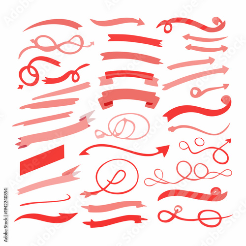 赤い手書き風のリボンや矢印、バナー、装飾ラインのセットです。透明背景で使いやすい、可愛らしいデザインのベクターイラスト素材は、チラシやWebサイトのアクセント、見出しの強調、注目を集めるためのデコレーションに最適です。