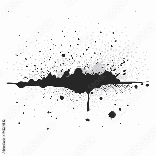 白い背景に描かれたダイナミックな黒いインクのしぶきとスプラッターのベクターイラスト素材です。透明な背景にも馴染みやすいデザインで、アートやグラフィックデザインの背景要素として最適です。繊細なドットと力強い飛沫が特徴的なモノトーンのテクスチャ素材。