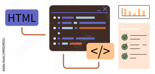 Web development, software engineering, coding education, data analytics, project management, digital tools. Display of HTML component, coding interface and analytics chart. Web development
