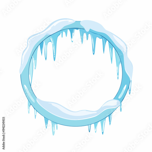 透明感のある氷の輪に鋭いつららと積もった雪をあしらった、冬の季節にぴったりの丸いフレームイラスト素材であり、冷たく凍りついた質感とクリスタルのような輝きが広告やバナーのデザインに清涼感と冬の雰囲気を添える高品質なグラフィックリソースです。