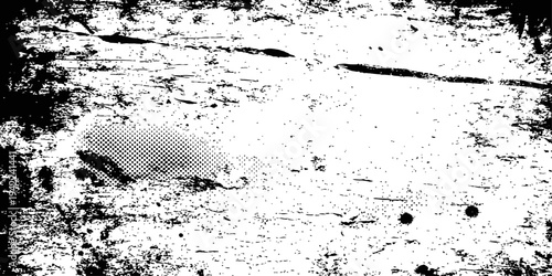 Vintage Grunge Texture Overlay Black and White Distressed Background with Halftone Pattern and Ink Splatters