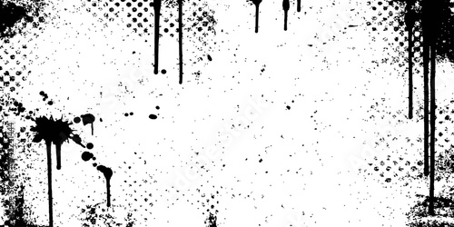 Black and white grunge texture background with ink splatters paint drips and halftone effects distressed vector overlay