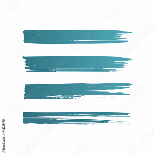 白い背景に描かれた、透明感のある青緑色のテクスチャを持つ4本のブラシストロークセット。手書き風の筆跡が特徴的な水彩画のようなデザイン素材で、バナーや広告のタイトル背景、装飾的なアクセントとして多目的に活用できる高品質なベクターイラストレーション。
