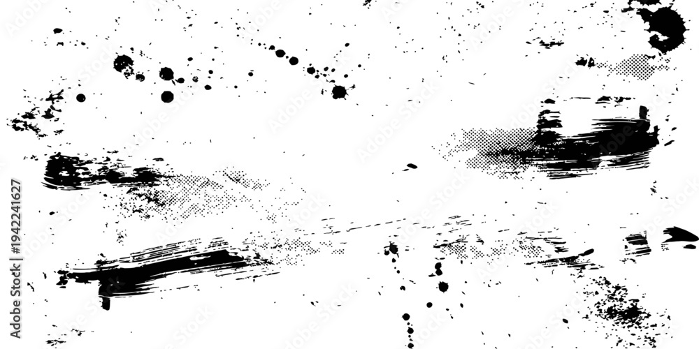 Obraz premium Black Grunge Texture Background with Paint Brush Strokes Ink Splatters and Halftone Dots Distressed Vector Overlay
