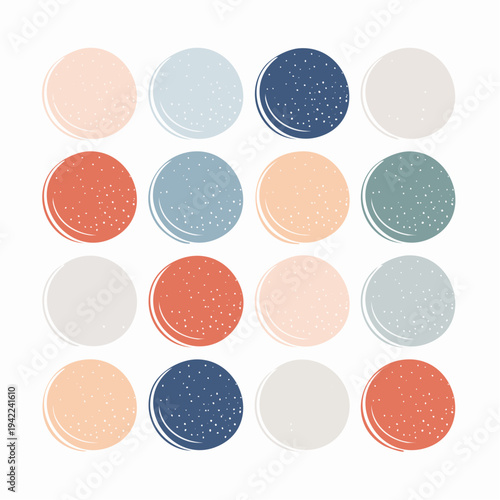 透明感のある色彩で描かれたマカロンのような抽象的な円形のアイコンセットです。パステルカラーや落ち着いたアースカラーのドット模様が特徴的な、シンプルで洗練されたミニマルなベクターイラストレーションは、ウェブデザインやバナーの背景素材として最適です。