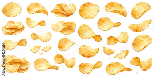 A charming watercolor collection of crispy potato chips featuring golden snack slices illustrated in a tasty food style.
