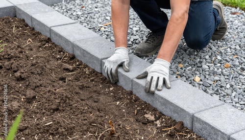Person laying gray concrete pavers for garden border