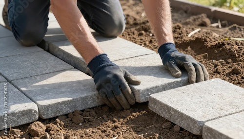 Man laying gray concrete pavers in garden pathway