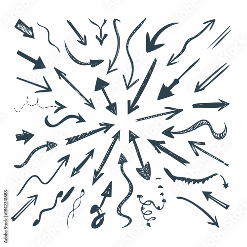 手書き風の多様な矢印デザインセット。透明背景に映える黒いラフなスケッチの質感が特徴で、ドゥードルスタイルのアイコンやポインターが中心に向かって配置されています。ウェブデザインやプレゼンテーションの強調素材として最適な、クリエイティブなベクターイラストレーション素材です。