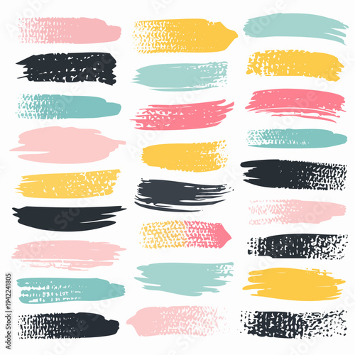 透明感のある水彩風のテクスチャや、ピンク、イエロー、ミント、ブラックのカラフルな筆跡をまとめた、手書き風のブラシストロークセットです。デザインのアクセントや背景素材として活用できる、かすれや質感が豊かな抽象的なペイント要素が白背景に並んでいます。