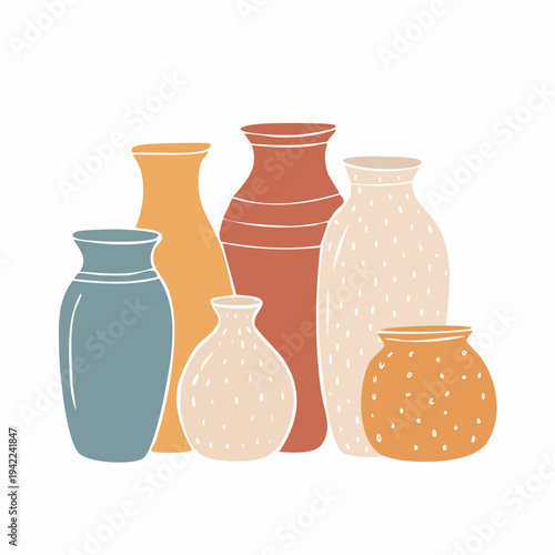 透明な背景に配置された、様々な形状とアースカラーが美しい陶器の花瓶や壺のコレクション。北欧スタイルのミニマルなデザインで、インテリア雑貨やホームデコレーションのコンセプトに最適な手書き風のイラスト素材です。