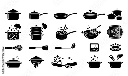 Cooking pots and pans solid icon set