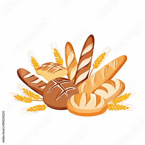 焼きたての香ばしいバゲットやカンパーニュ、食パンなど様々な種類のパンと黄金色の小麦の穂を美しく配置した、ベーカリーのロゴやメニュー、チラシのデザインに使いやすい透明背景の高品質なベクターイラスト素材セットです。
