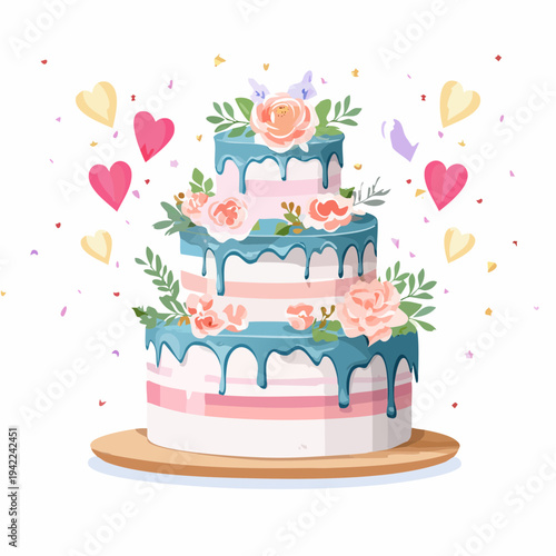 透明な背景に映える、青いドリップソースとピンクのバラの花々で豪華にデコレーションされた3段重ねのウェディングケーキのイラスト。周囲にはハートや紙吹雪が舞い、結婚式や誕生日などの特別な記念日のお祝いに最適な華やかで可愛らしいデザインです。