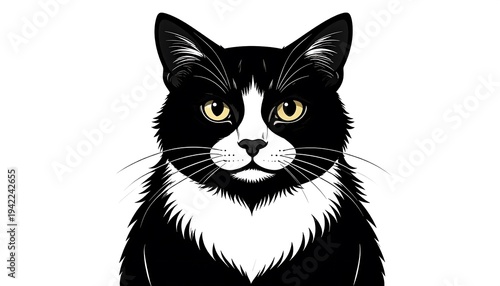 Elegant black and white cat portrait with striking yellow eyes art illustration