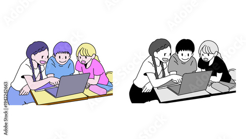 ノートパソコンで授業を受ける小学生3人組のイラストセット　カラーとモノクロ　ICT教育　手書き素材