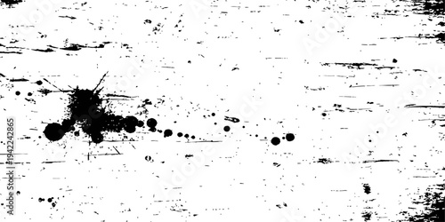 Black and White Grunge Distressed Texture Overlay with Ink Splatter and Wood Scratches Monochrome Vector Background
