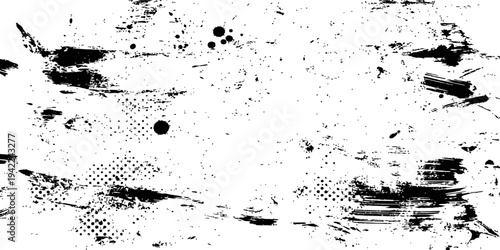 Black Grunge Texture Overlay with Paint Brush Strokes Splatter and Halftone Dots Distressed Vector Background