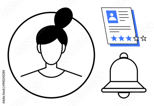 Female avatar in a circle, document with star rating, bell icon. Ideal for user profile, account management, notifications, reviews, applications alerts online interaction. Simple flat metaphor