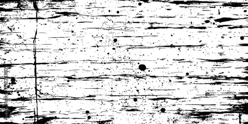 Vector black and white distressed wood texture background grunge overlay with horizontal scratches and ink splatters