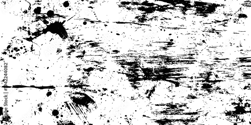 Fototapeta premium Black and white distressed grunge texture with paint splatters scratches and ink drops abstract background vector